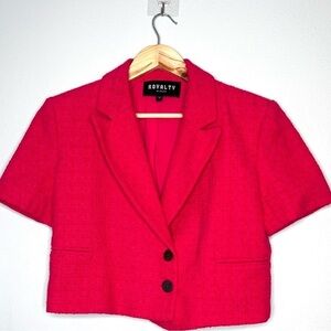 Royalty by Maluma cropped  tweed pink‎ red short sleeve blazer S #4